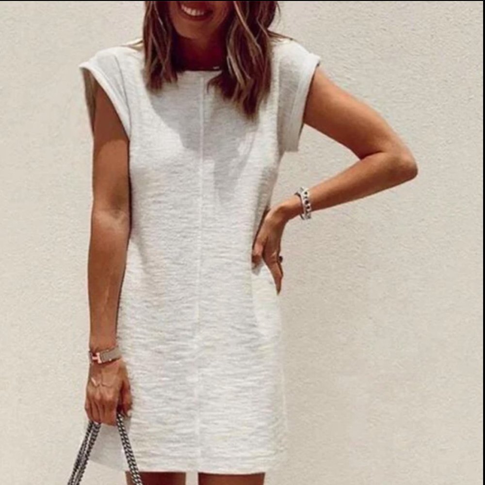 Lou & Grey Cream Textured Cap-Sleeve Mini Dress